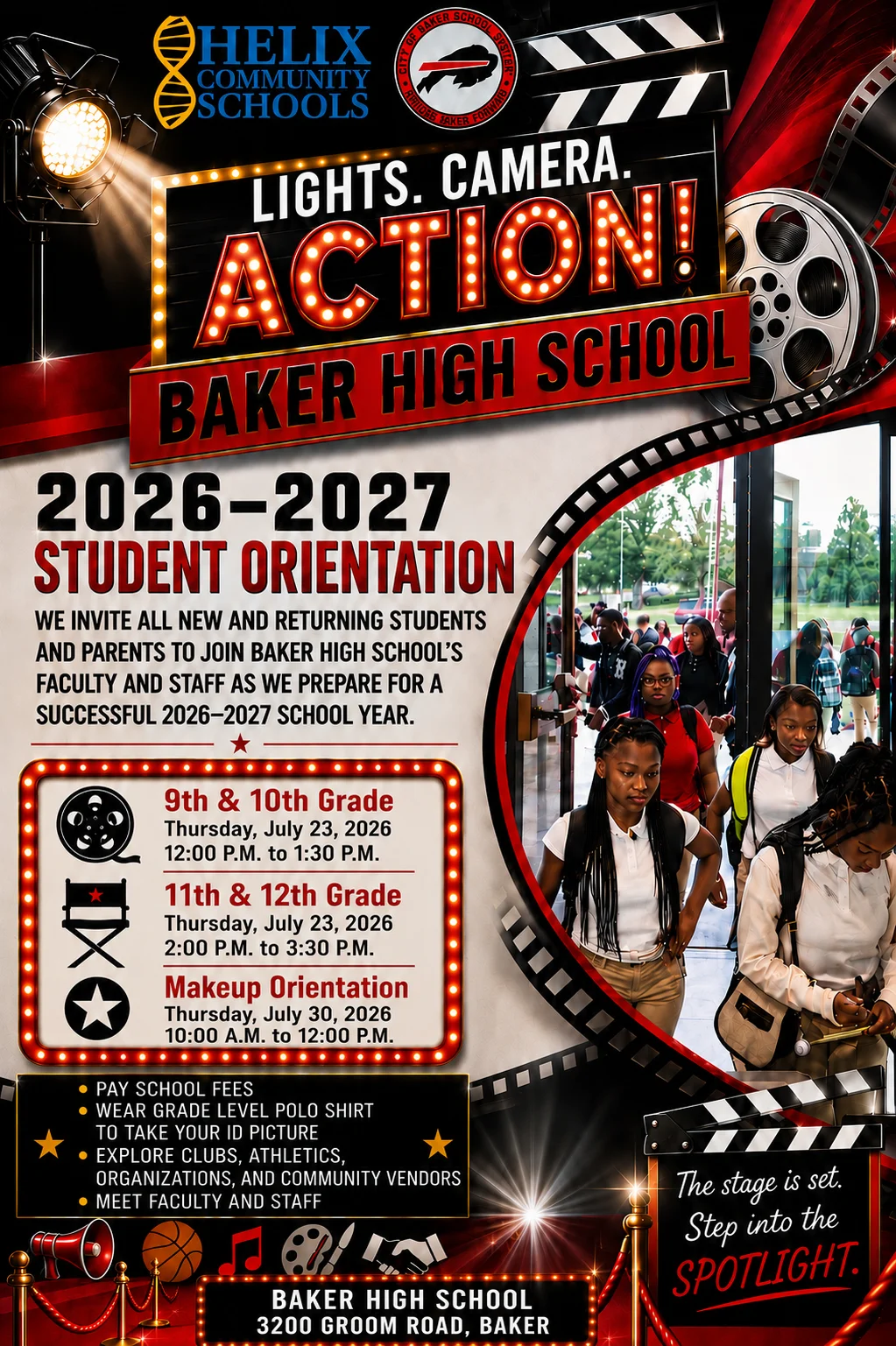 Flyer for Baker High School Student Orietation